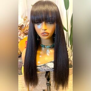 22" 100% Human Hair Yaki Straight 13x6 Lace Wig With Bangs Thick 200% Density